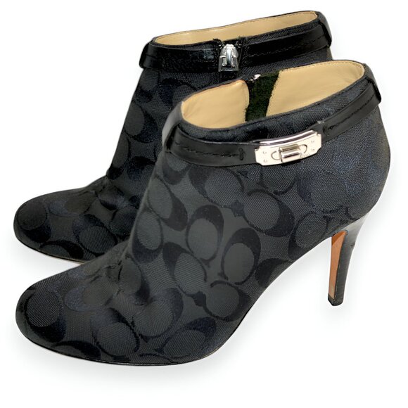 Coach Black Jacquard Logo Leather Zip Ankle Boots Booties Shooties Heels 7.5 - Picture 3 of 8